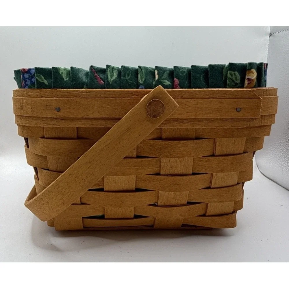 Longaberger Handwoven Basket 1996 w/ Emerald Vine Liner & Protector 8.5